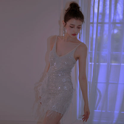 DOLLY Luxury Sliver V-Neck Sleeveless Beaded Sequin Feather Short Dress-JULIA