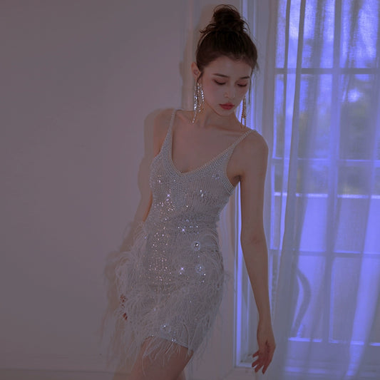DOLLY Luxury Sliver V-Neck Sleeveless Beaded Sequin Feather Short Dress-JULIA