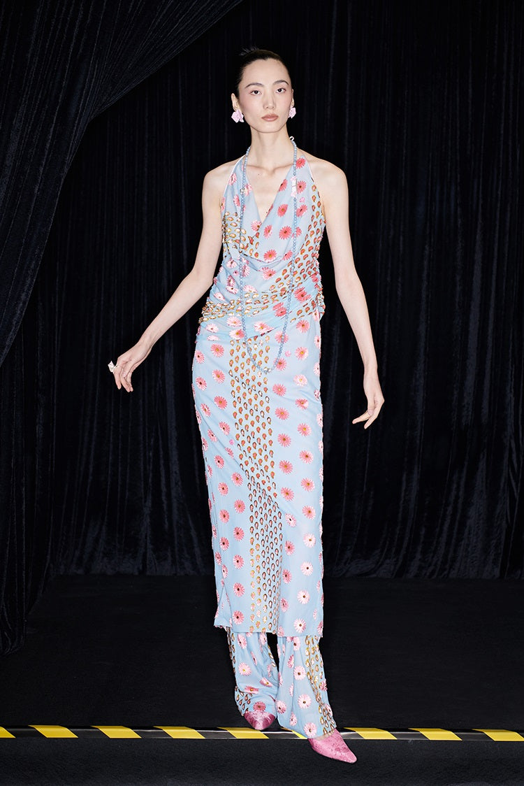 M essential Ma Kai designer Qu Kun burnt flower velvet nail beads open back dress - ALPHA.