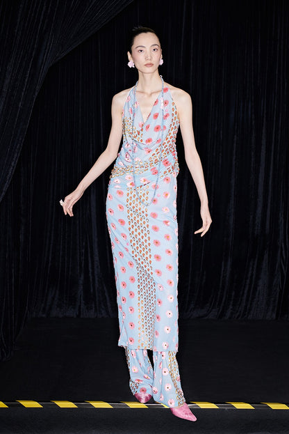 M essential Ma Kai designer Qu Kun burnt flower velvet nail beads open back dress - ALPHA.