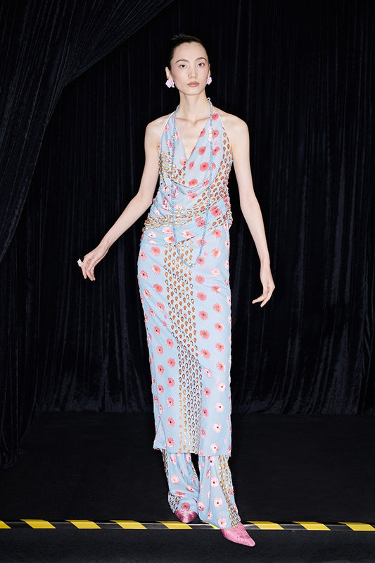 M essential Ma Kai designer Qu Kun burnt flower velvet nail beads open back dress - ALPHA.