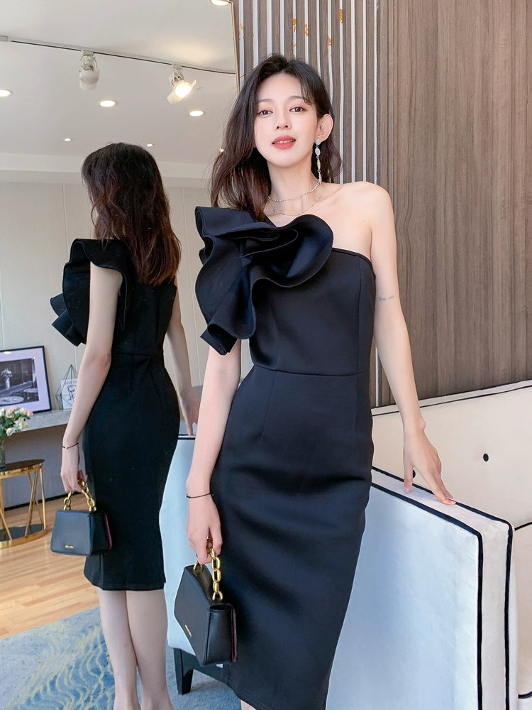 DOLLY Elegant Slant Collar Off Shoulder Petal Sleeves Dinner Dress-AMINA