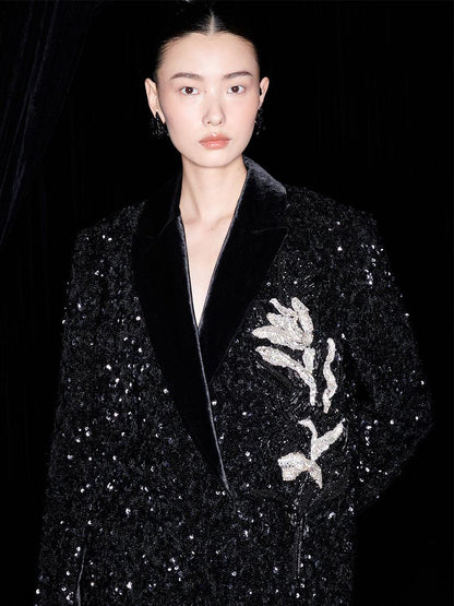 M essential Mackay designer orchid embroidery sequins jacket pencil slit skirt suit - tev.