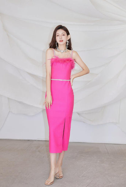 DOLLY Elegant Sleeveless Feather Tube Top Hip Wrap Dinner Dress-KALE