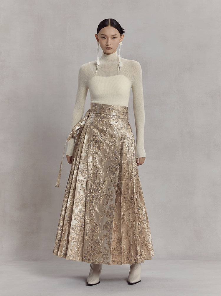 HECO high waist pleat blue purple green jacquard Embossed Skirt Women - king.