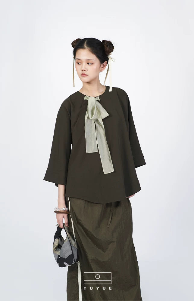 TUYUE Chinese Diagonal Buckle Ribbon Morning Robe Cropped Sleeve Top- KATARA