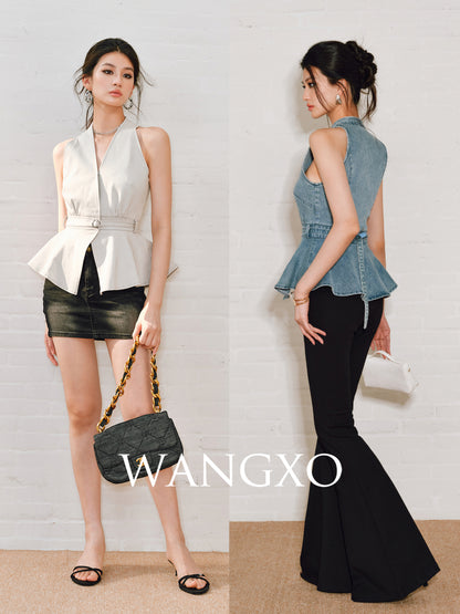 WANGXO | Soft Cotton Denim Halterneck Top -CALISTA.