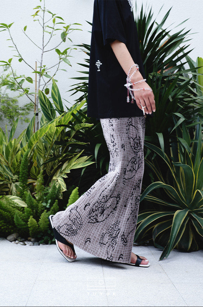 TUYUE Art Print Elastic Waist Pleated H-Shaped Maxi Skirt - ANDRE.