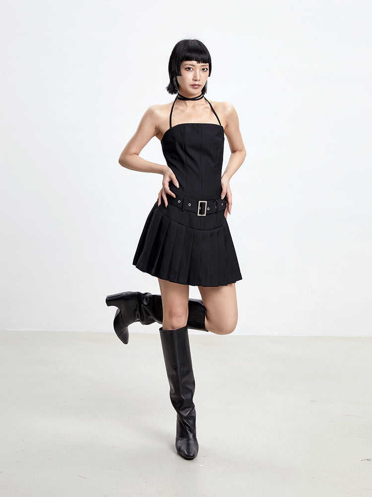 TINY IN women's summer pleated little black slip dress -PIPE