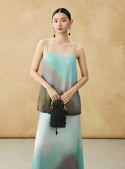 HECO Chinese Style Smudge Human Silk Camisole Cool and Breathable Seaside T - PALM.