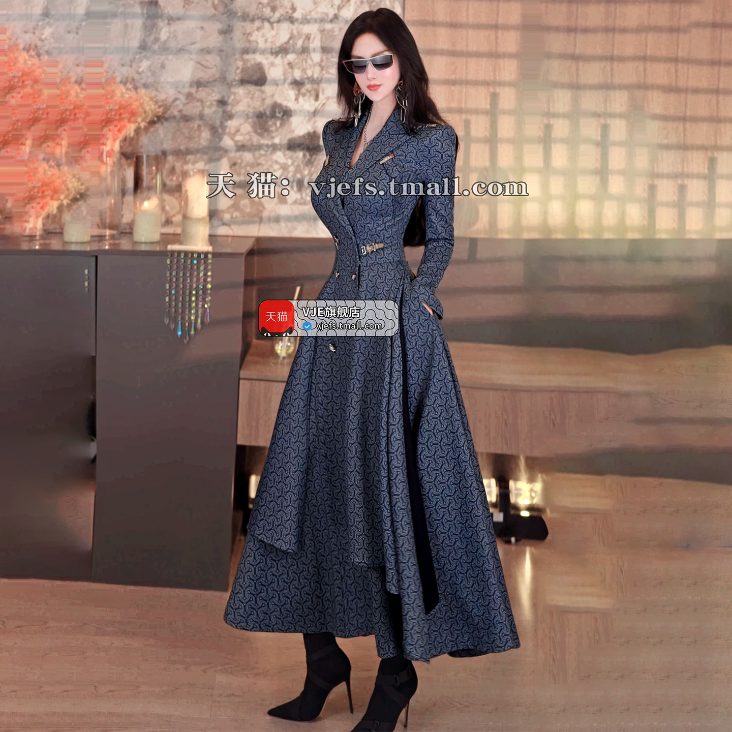 VJE Women's Printed Trench Coat Waist Double-breasted Jacket-JOJO.