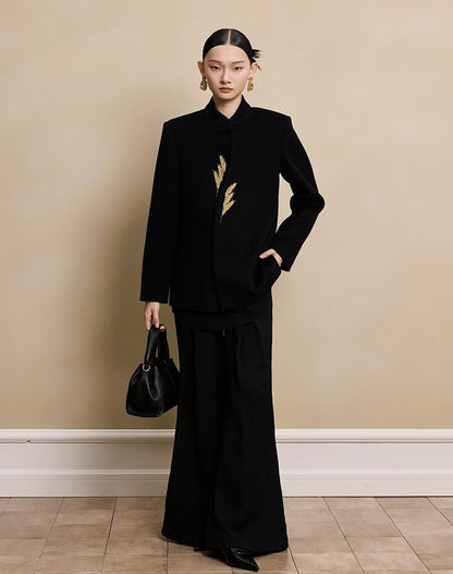 HECO New Wheat Ear Bead Embroidered Wool Tweed Jacket - care.