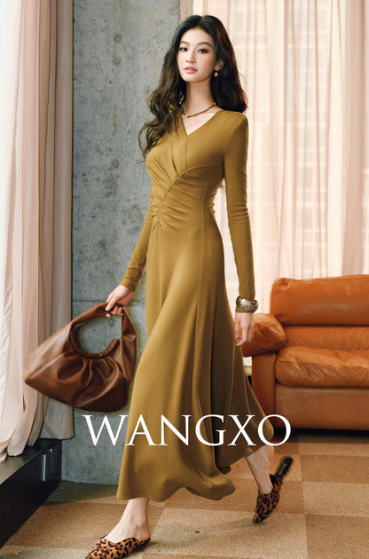 WANGXO | Knitted Fabric Sculptural Pleats Overlapping V-Neck Slim A-Hem Dress-NORA.