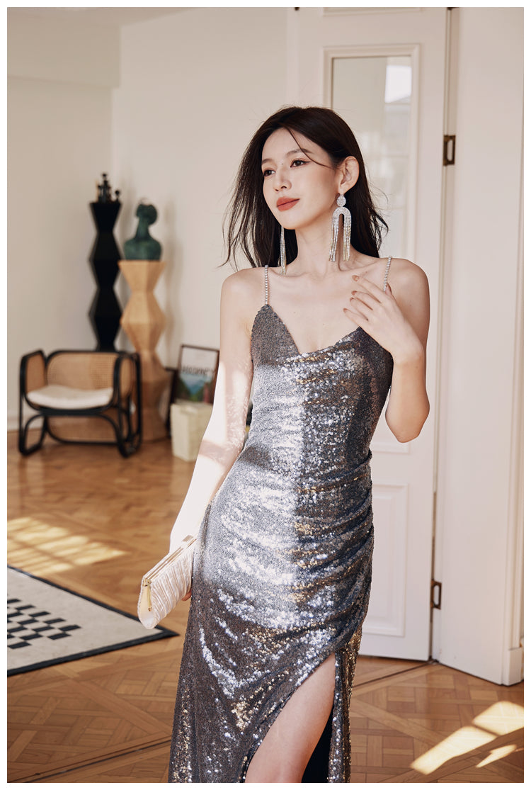 DOLLY High End V-Neck Sleeveless Long Slit Sequin Body Hug Evening Dress-KIM