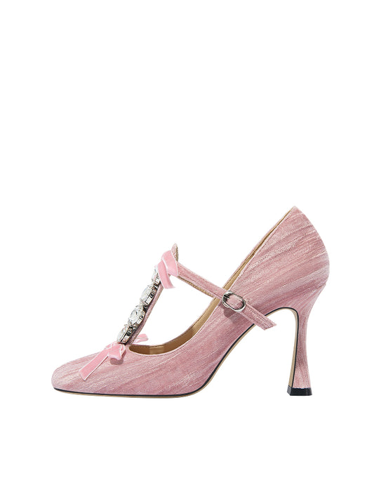 Lily Wei Pink Whitehead Rhinestone Mary Jane Shoes Women's Vintage Fashion Heel Shoes-MARGARET