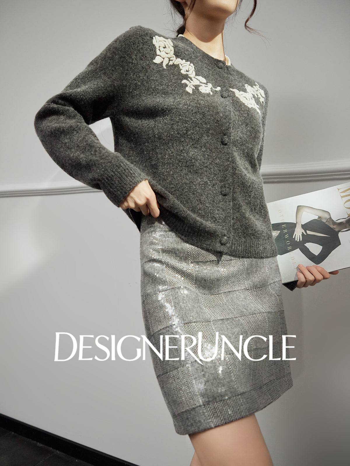 DGU "Flower Rhyme" gray sweater autumn retro loose slimming knitted top - Brianna.