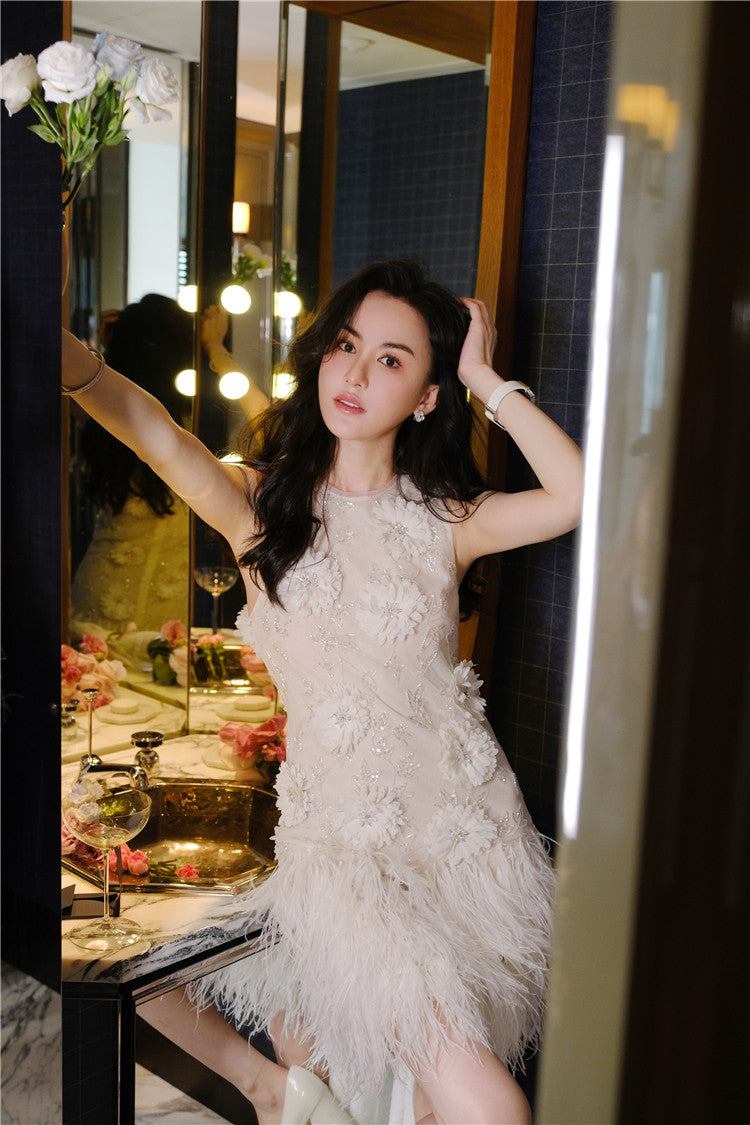 Wardrobes by Chen Luxury White Couture Embroidered Floral Feather bridal Dress- Sade