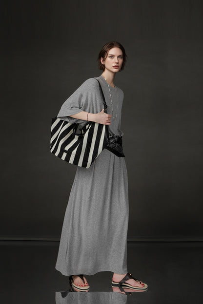 PIAOIN minimalist style nude tencel wool t-shirt skirt versatile dress -LYDIA