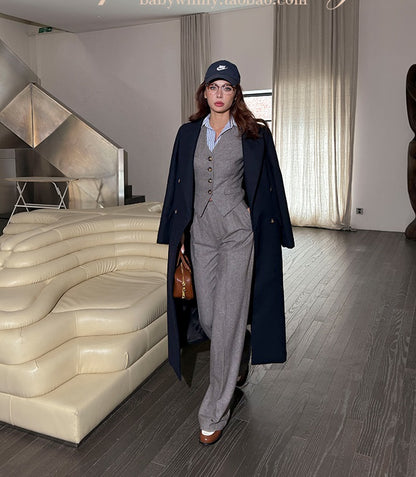 Le Palais Vintage Slim Woolen Vest + Long Sleeve Stripped Shirt + Long Wide Leg Pants-LIM