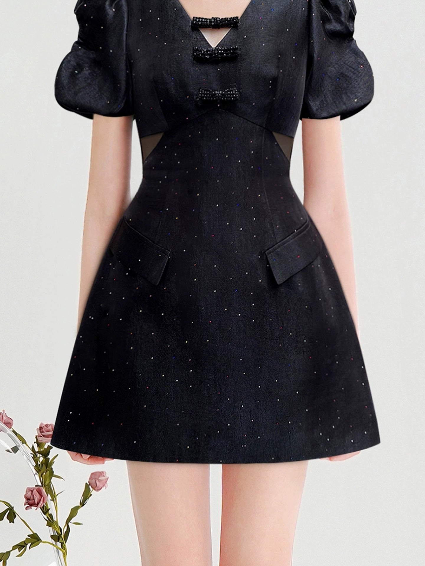 CHECOCRE Stubble design V-neck fashion high-waisted puff sleeve hot diamond craft dress -BOW.