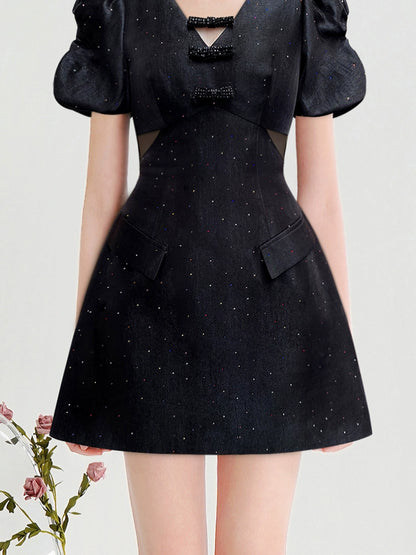 CHECOCRE Stubble design V-neck fashion high-waisted puff sleeve hot diamond craft dress -BOW.