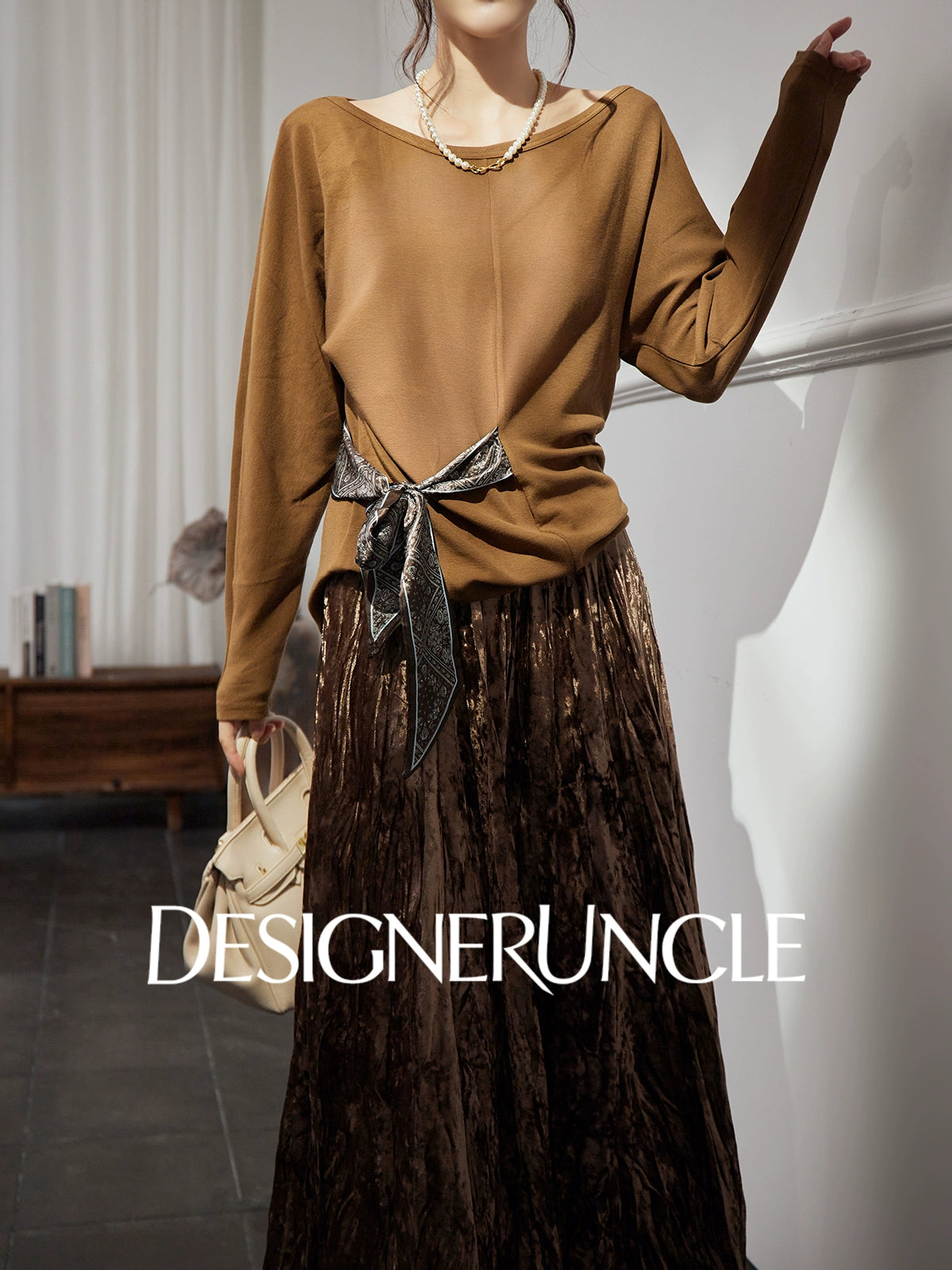 DGU "Mu Brown" brown knitted sweater loose and versatile retro slimming top - David.
