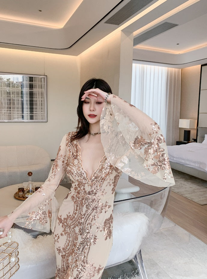 DOLLY Elegant V-Neck Long Sleeve Sequin Hip Flared Fish Tail Banquet Dress-MAY