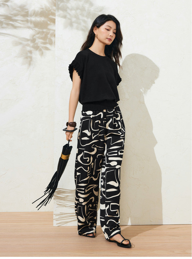 Sushe Neo-Bohemian Tencel linen print drawstring tie wide-leg slacks -JULIET