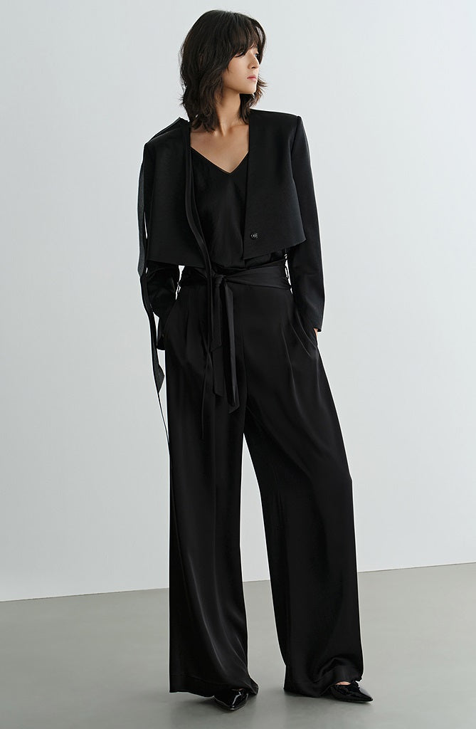 COMME MOI Lv Yan Designer Summer Women's Acetate Double-Sided Satin Collarless Short Suit - EMERY.