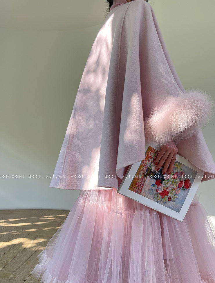 Aconiconi Winter pink wool cape fox fur sleeve double-sided coat-Sakura
