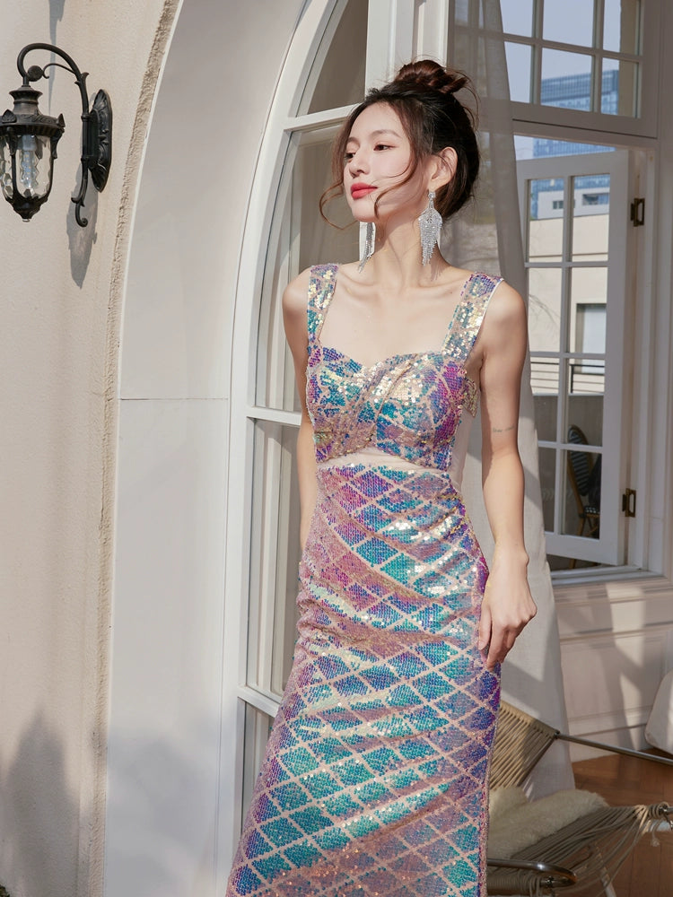 DOLLY Elegant V-Neck Sleeveless High Waist Long Fish Tail Banquet Dress-PHANIE