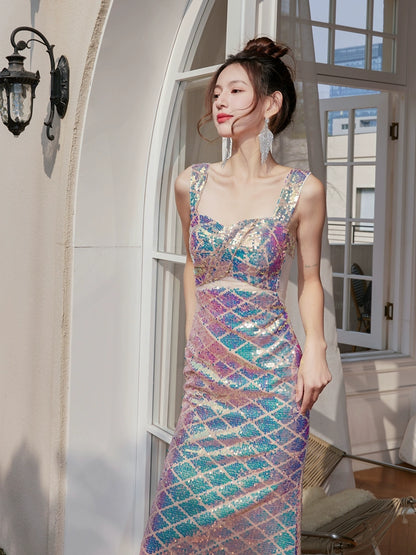 DOLLY Elegant V-Neck Sleeveless High Waist Long Fish Tail Banquet Dress-PHANIE