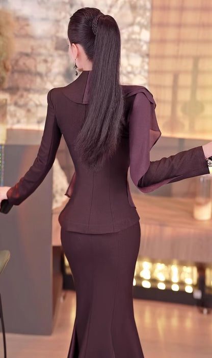 VJE  slim ruffled jacket mermaid skirt two-piece suit set- JOKY.