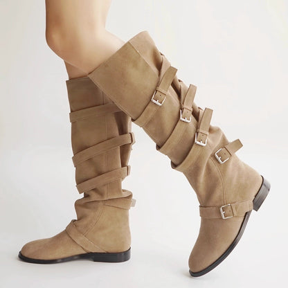 B-FEI belt buckle high-top leather women's fashion boots.