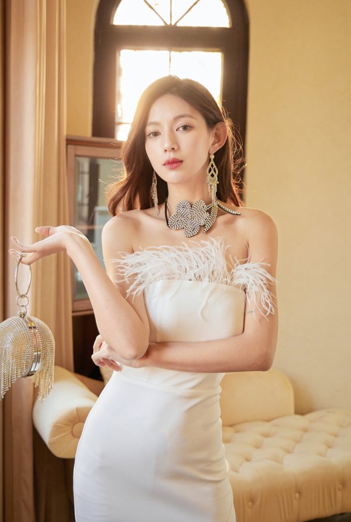 DOLLY Elegant Off Shoulder Feather Tube Top Long Slit Banquet Dress-GALE