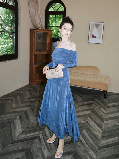 DOLLY Luxury Fog Blue Pleated Off Shoulder Slant Collar Long Sleeve Banquet Dress-MAYA