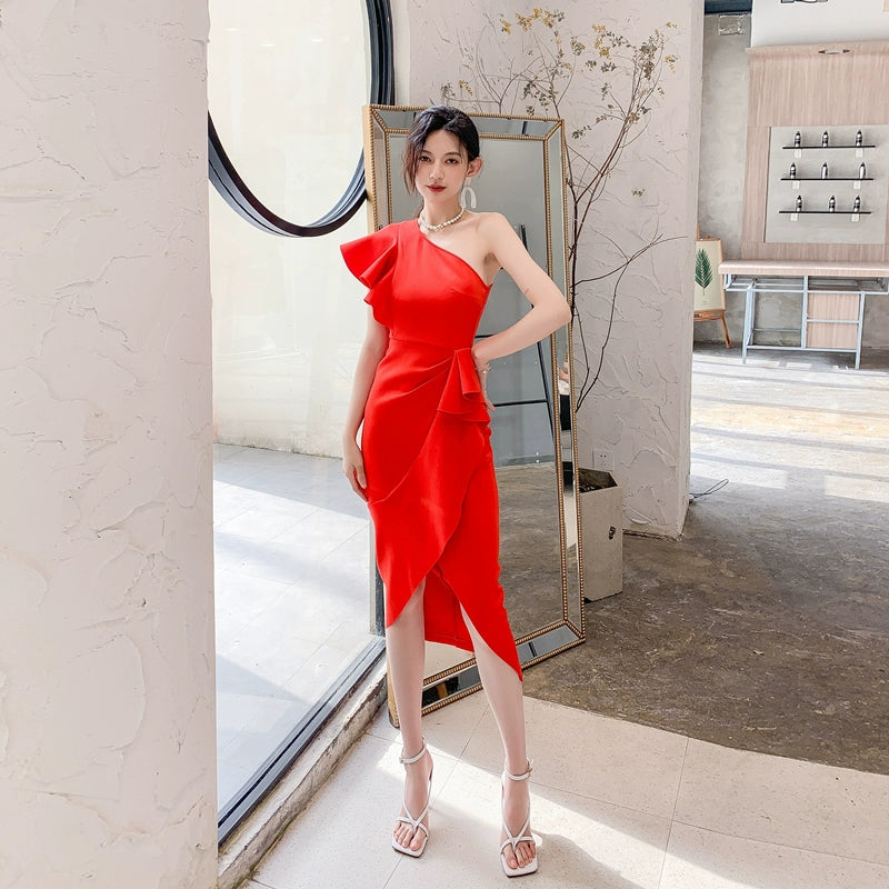 DOLLY Elegant Stylish Ruffle Off Shoulder Slim Fit Midi Slit Dinner Dress-LEOLA