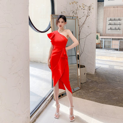 DOLLY Elegant Stylish Ruffle Off Shoulder Slim Fit Midi Slit Dinner Dress-LEOLA