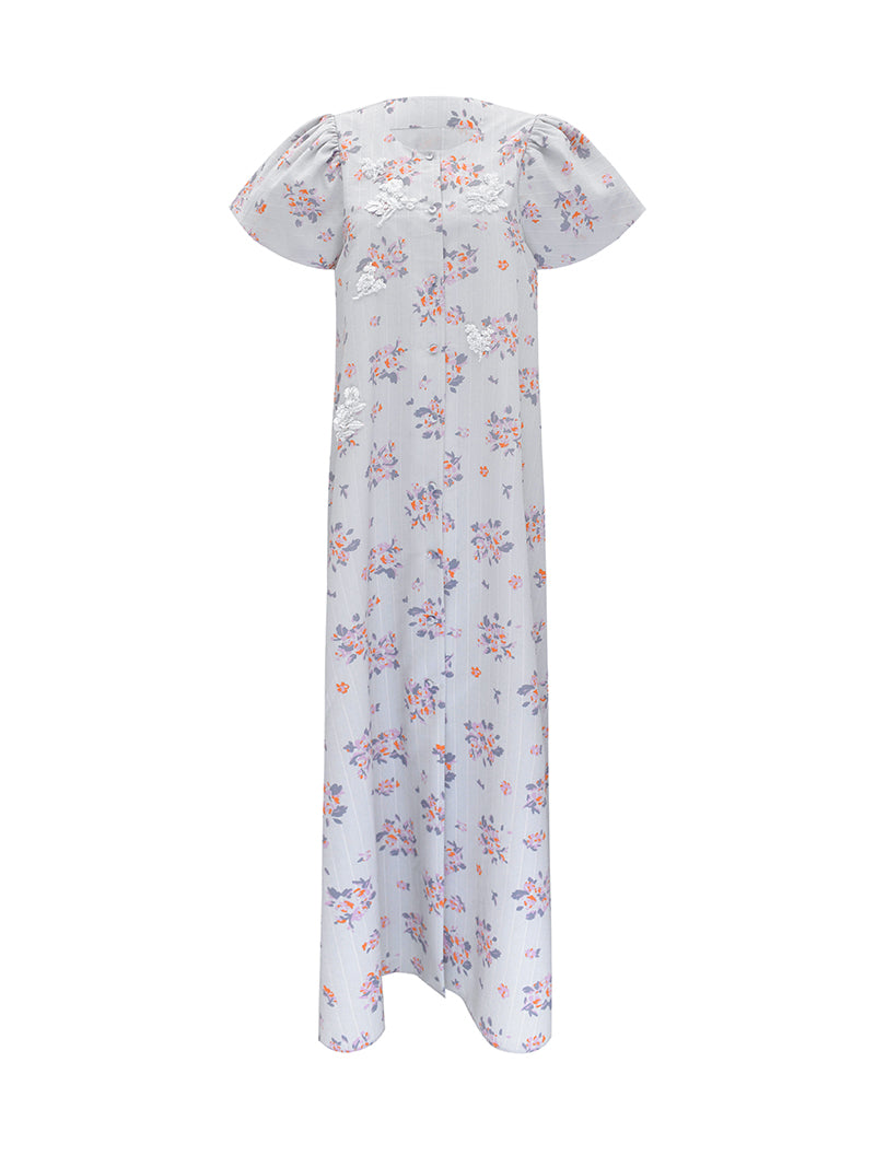 M essential Mackay designer Jinghe Printing floral nail bead puff sleeve dress - HAPPY.