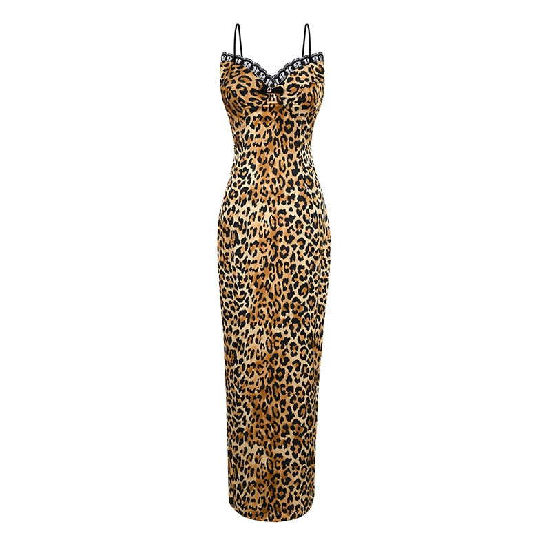 Le Palais Vintage sensual elegant leopard print faux silk satin slim wrap maxi dress-ASTA