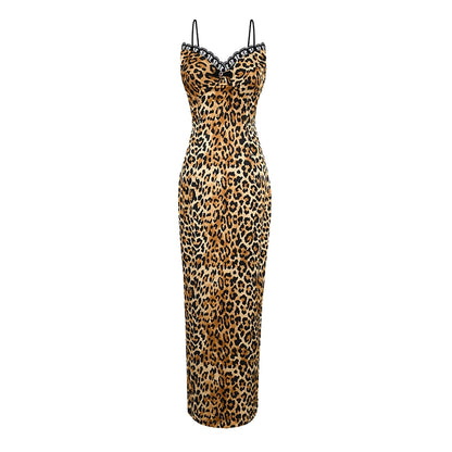 Le Palais Vintage sensual elegant leopard print faux silk satin slim wrap maxi dress-ASTA