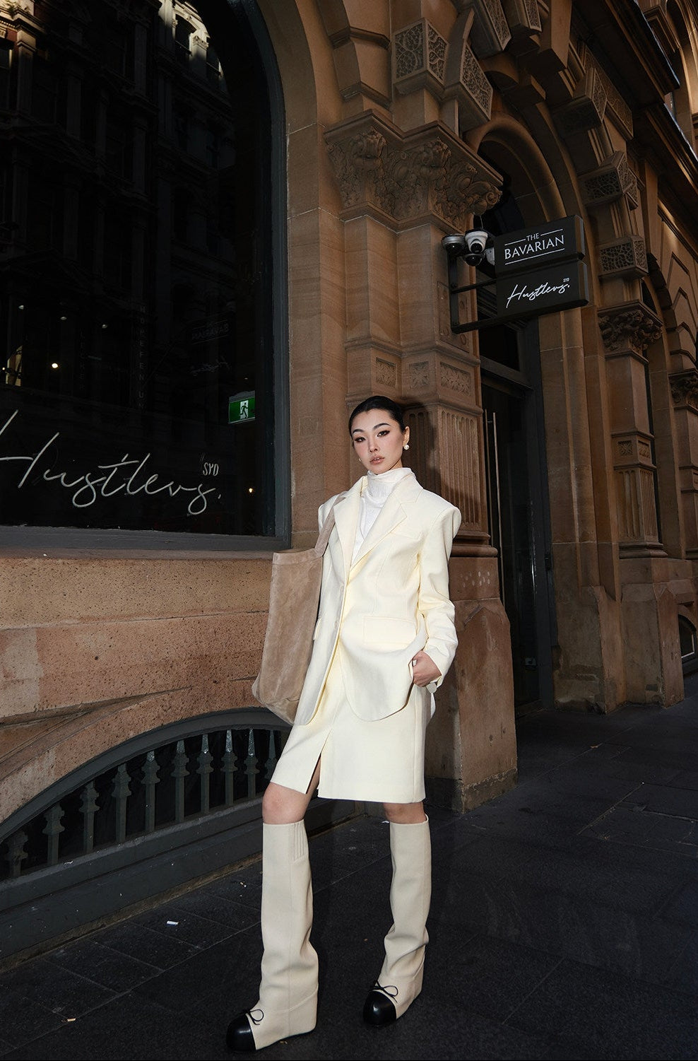 MEI SANGUAN Classic Beige Shoulder-Pad Blazer & Straight Midi Skirt Set- ANDER