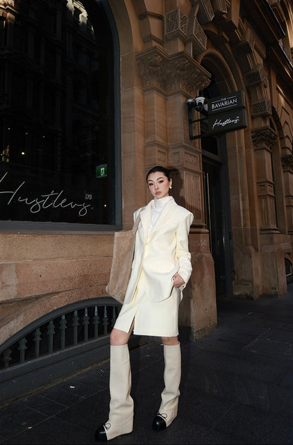 MEI SANGUAN Classic Beige Shoulder-Pad Blazer & Straight Midi Skirt Set- ANDER