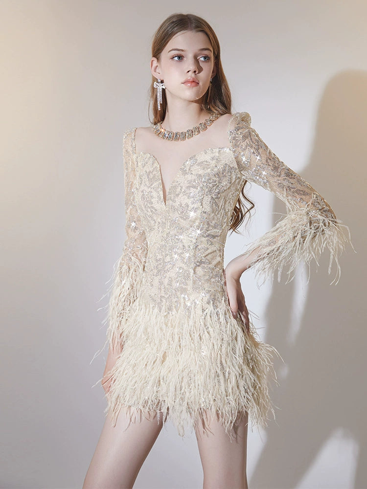 Wardrobes by Chen Elegant Long Sleeve Sequin Feather Party Dress-Daiadem S / Gold Wardrobes by Chen Elegant Long Sleeve Sequin Feather Party Dress-Daiadem S / Gold