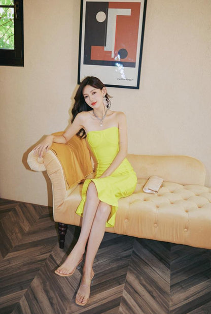 DOLLY Elegant Yellow Off Shoulder Tube Top Slim Fit Knitted Fish Tail Dress-PONA