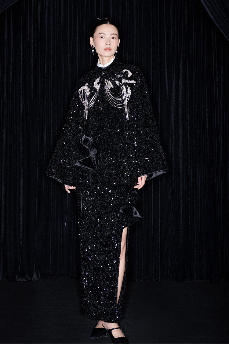 M essential Mackay designer three-dimensional silver orchid catenary beaded jacket - sill.