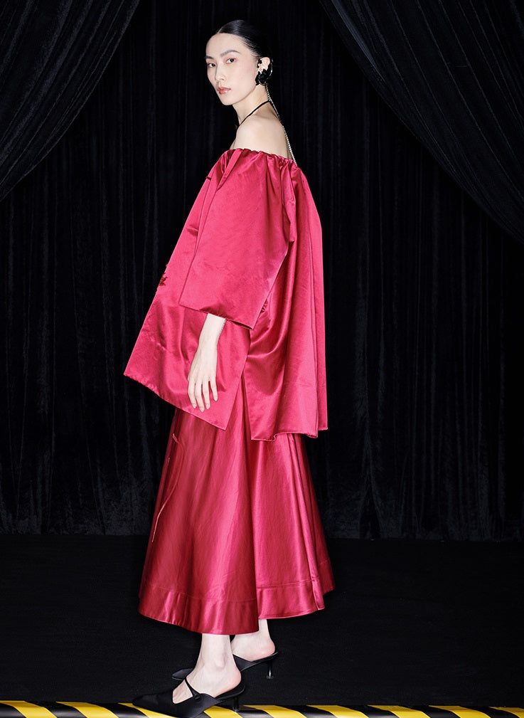 M essential Mackay designer red goldfish bead off shoulder top pleated skirt set- plum.