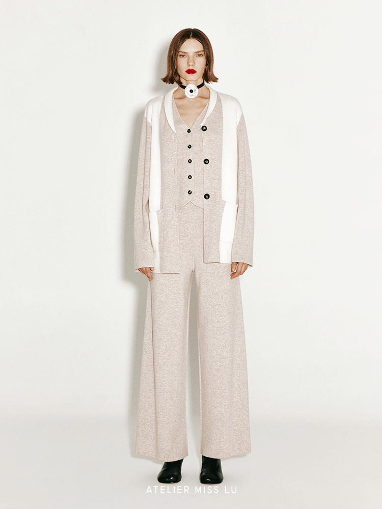 ATELIER MISS LU Geometric Contrast Cashmere and Wool-blend Cardigan -Poppy