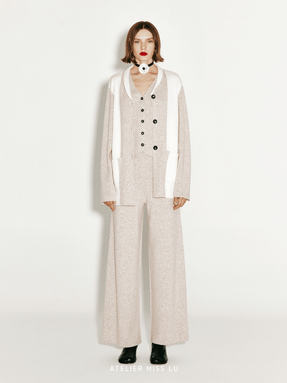 ATELIER MISS LU Geometric Contrast Cashmere and Wool-blend Cardigan -Poppy