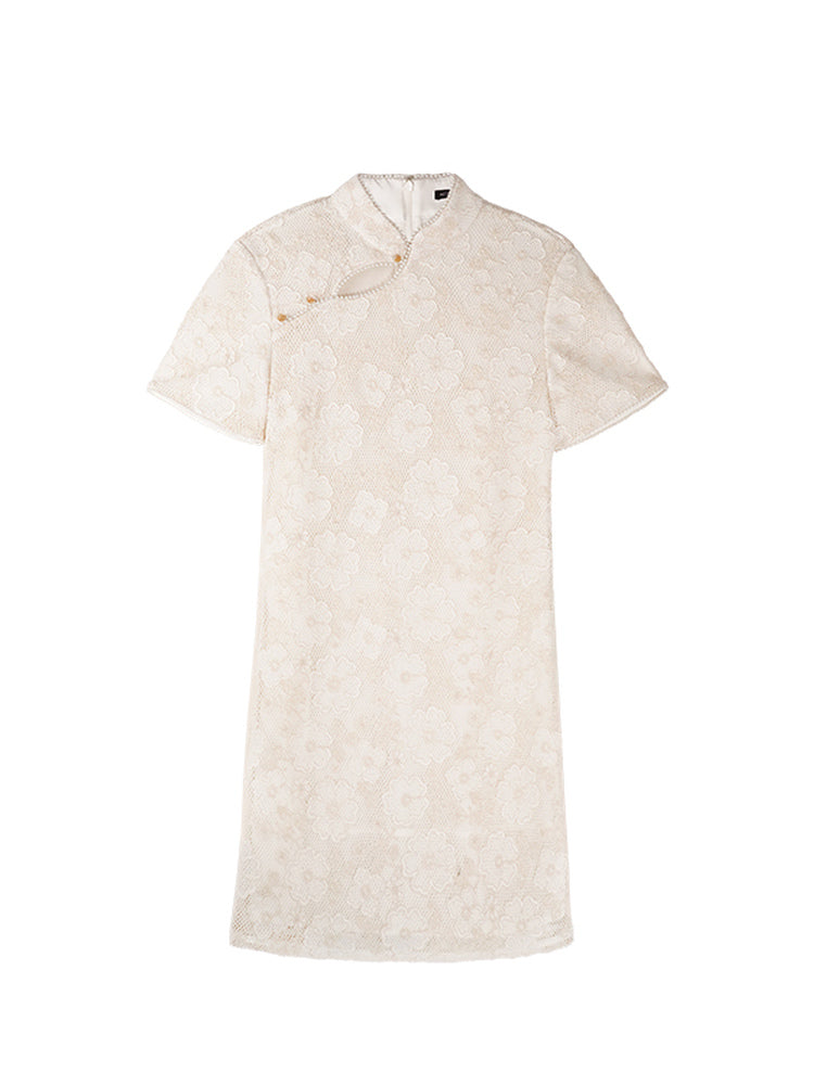 HECO Chinese style short-sleeved embossed flower summer cut-out short dress- TEMIRO.